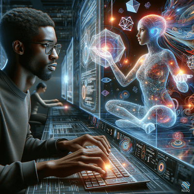 Man Operating Holographic Digital Female Figure