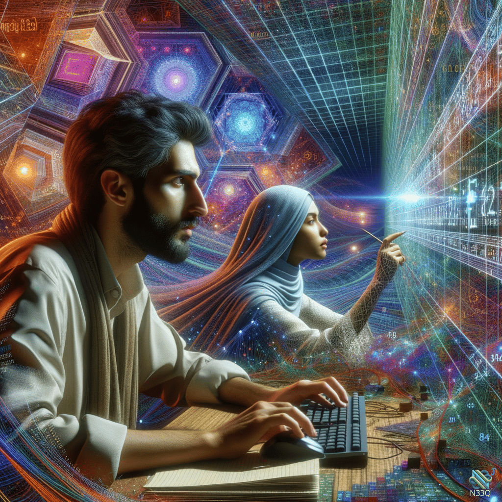 Man and Woman in Cosmic Digital Interface