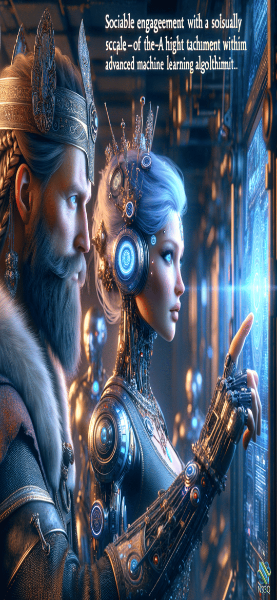 Viking Warrior and Female Cyborg at Holographic Screen