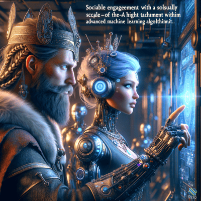 Viking Warrior and Female Cyborg at Holographic Screen