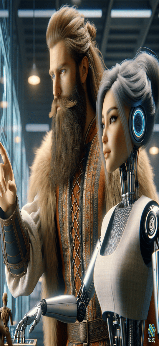 Bearded Man and Cyborg Woman Viewing Holograms