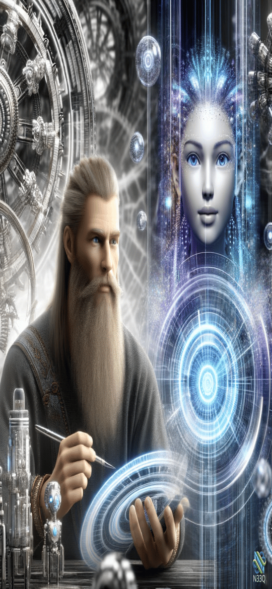 Bearded Artisan Crafting Holographic Woman