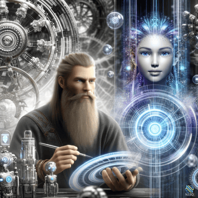Bearded Artisan Crafting Holographic Woman