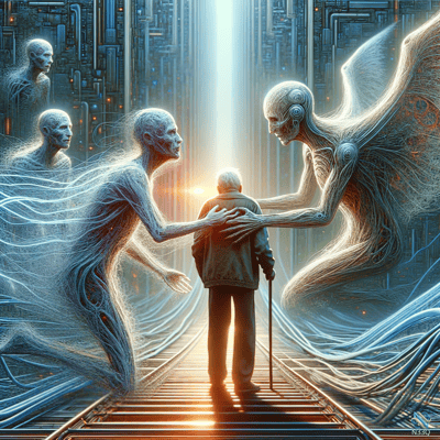 Elderly Man Guided by Ethereal Beings