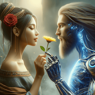 Woman and Cyborg Sharing a Yellow Flower