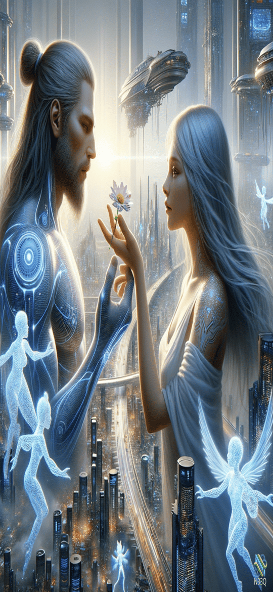 Cyborg and Ethereal Woman Sharing a Daisy