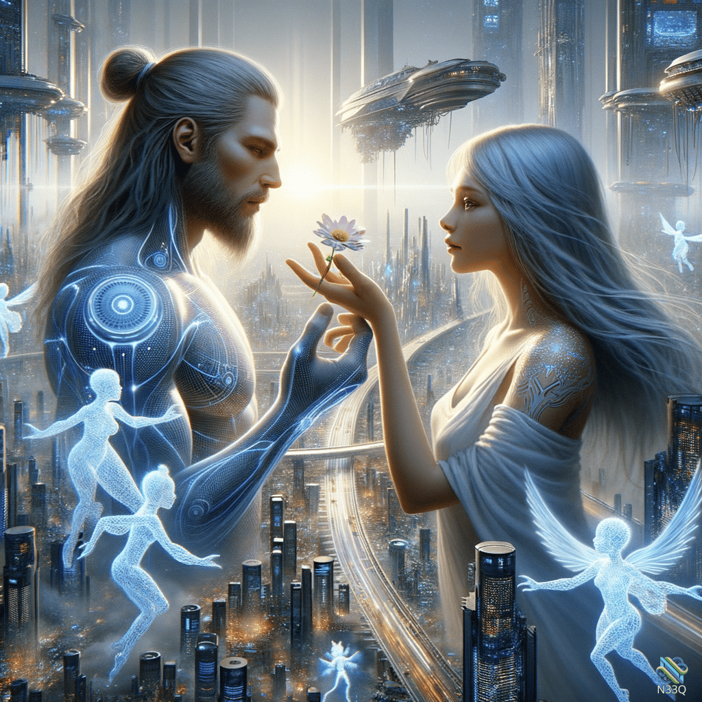 Cyborg and Ethereal Woman Sharing a Daisy