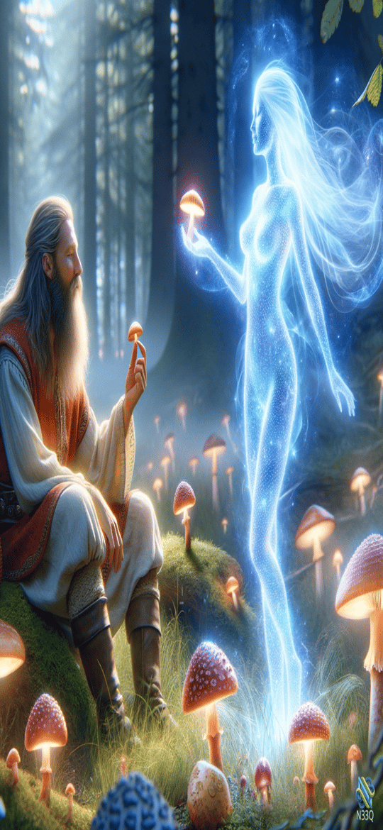 Bearded Man and Luminous Mushroom Spirit
