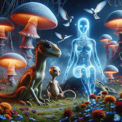 Holographic Woman and Aliens in Mushroom Forest