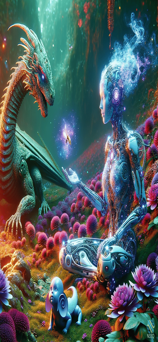 Dragon Meets Cyborg in Flower Garden