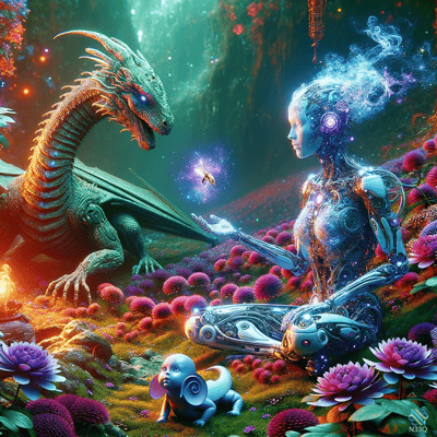 Dragon Meets Cyborg in Flower Garden