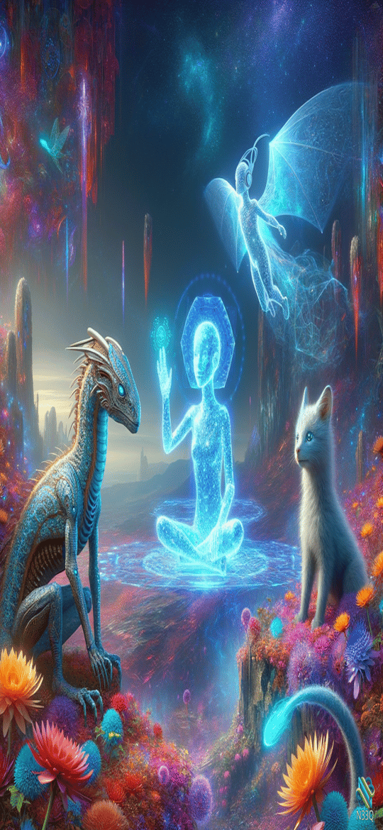 Blue Dragon Observing Glowing Meditating Spirit and Cat