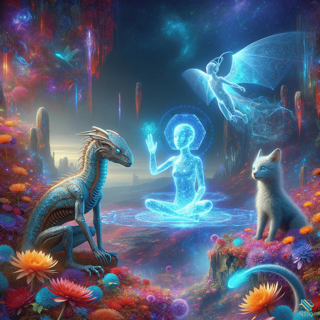 Blue Dragon Observing Glowing Meditating Spirit and Cat