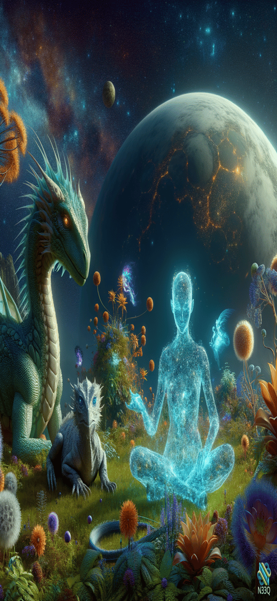 Green Dragon and Meditating Holographic Figure in Alien Garden