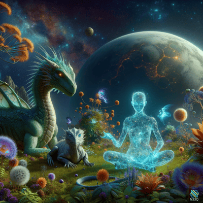 Green Dragon and Meditating Holographic Figure in Alien Garden