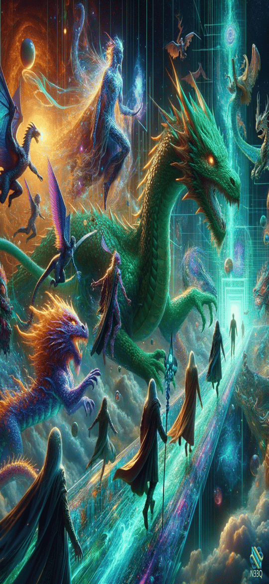 Green Dragon and Wizards Approaching Celestial Portal
