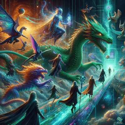 Green Dragon and Wizards Approaching Celestial Portal
