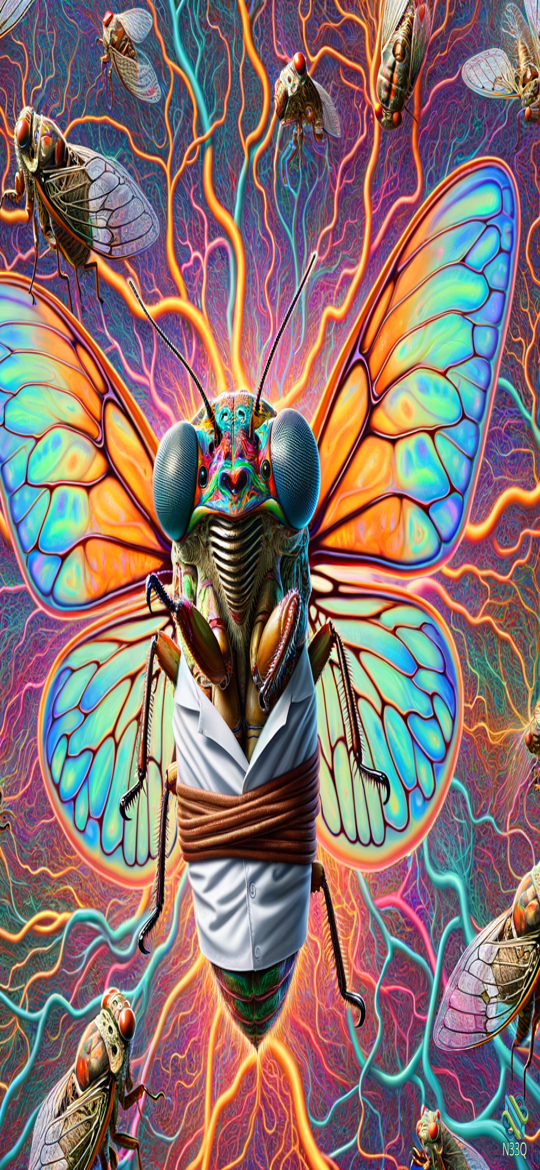 Cicada in Shirt Amid Neon Energy
