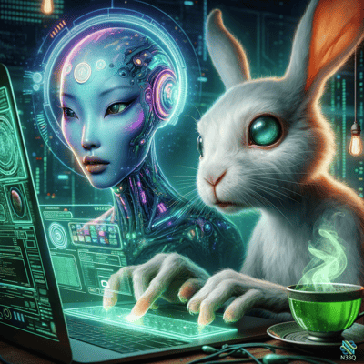 Cybernetic Woman and Rabbit at Neon Laptop