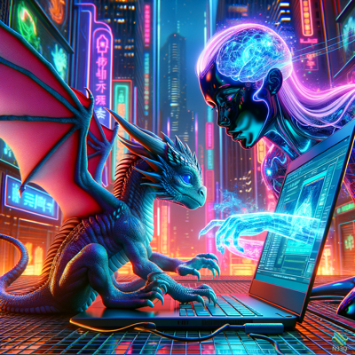Neon Dragon and Cyber Brain on Laptop