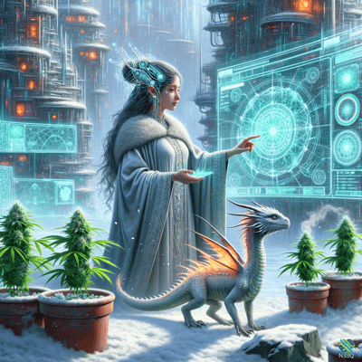 Woman with Dragon Pointing at Holographic Screen