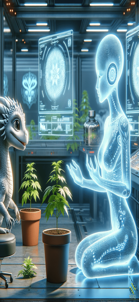 Dragon Facing Holographic Figure with Cannabis Plants