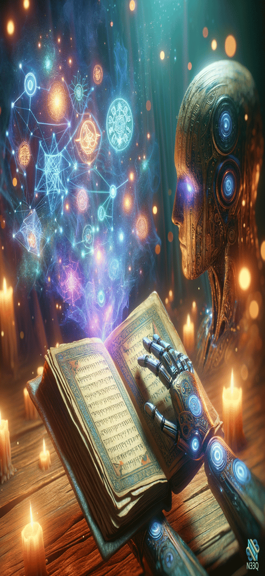 Cyborg Studying Glowing Ancient Grimoire by Candlelight