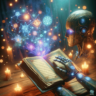 Cyborg Studying Glowing Ancient Grimoire by Candlelight