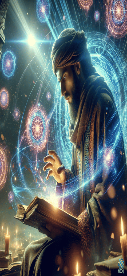 Mystic Scholar Reading Glowing Cosmic Book