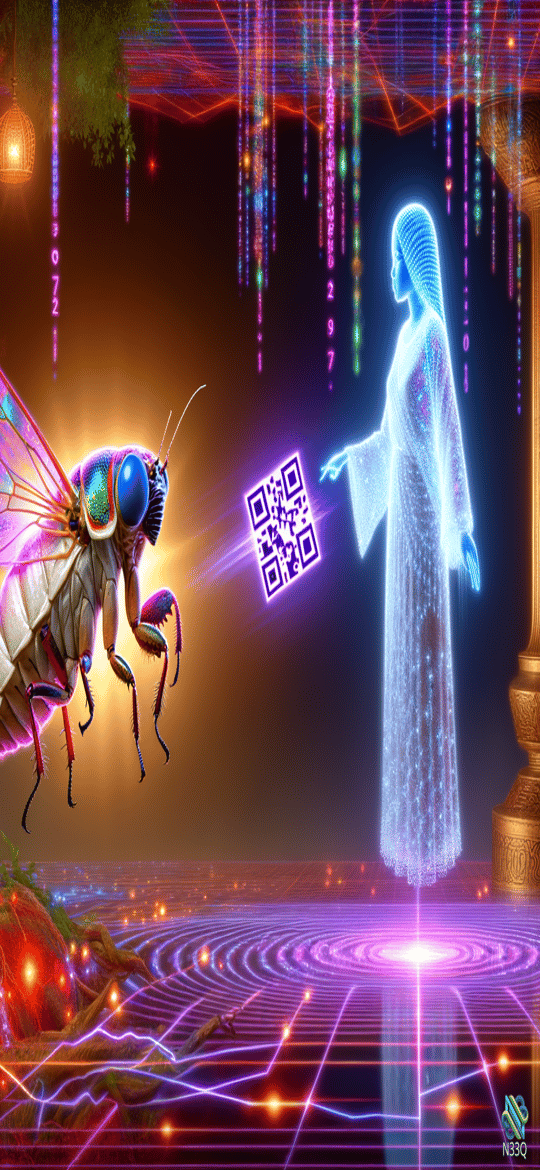 Neon Insect and Holographic Woman with QR Code