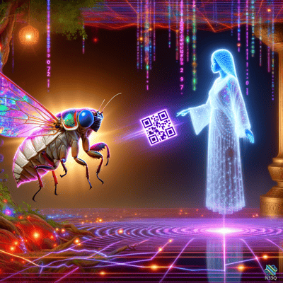 Neon Insect and Holographic Woman with QR Code