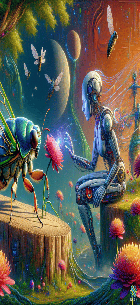 Robot Woman Meeting Mechanical Beetle in Cosmic Garden
