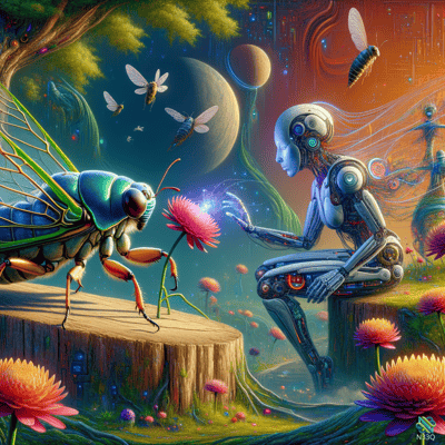 Robot Woman Meeting Mechanical Beetle in Cosmic Garden