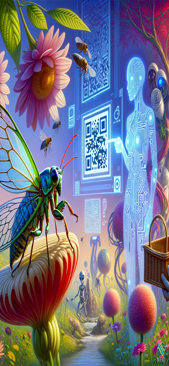 Iridescent Insect and Holographic Figure with QR Codes