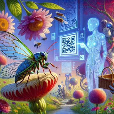 Iridescent Insect and Holographic Figure with QR Codes