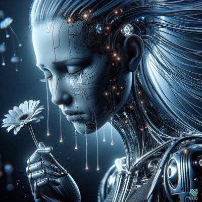 Cyborg Woman Holding Daisy with Tears