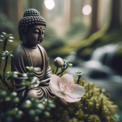 Buddha Statue with Cherry Blossom on Moss