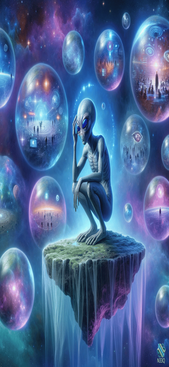 Alien on Floating Rock Amidst Cosmic Orbs