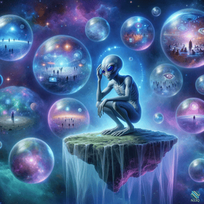 Alien on Floating Rock Amidst Cosmic Orbs