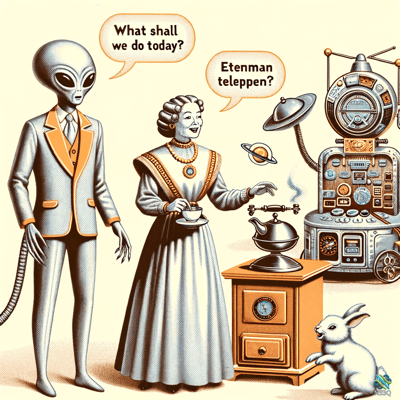 Gray Alien and Victorian Woman with Robot