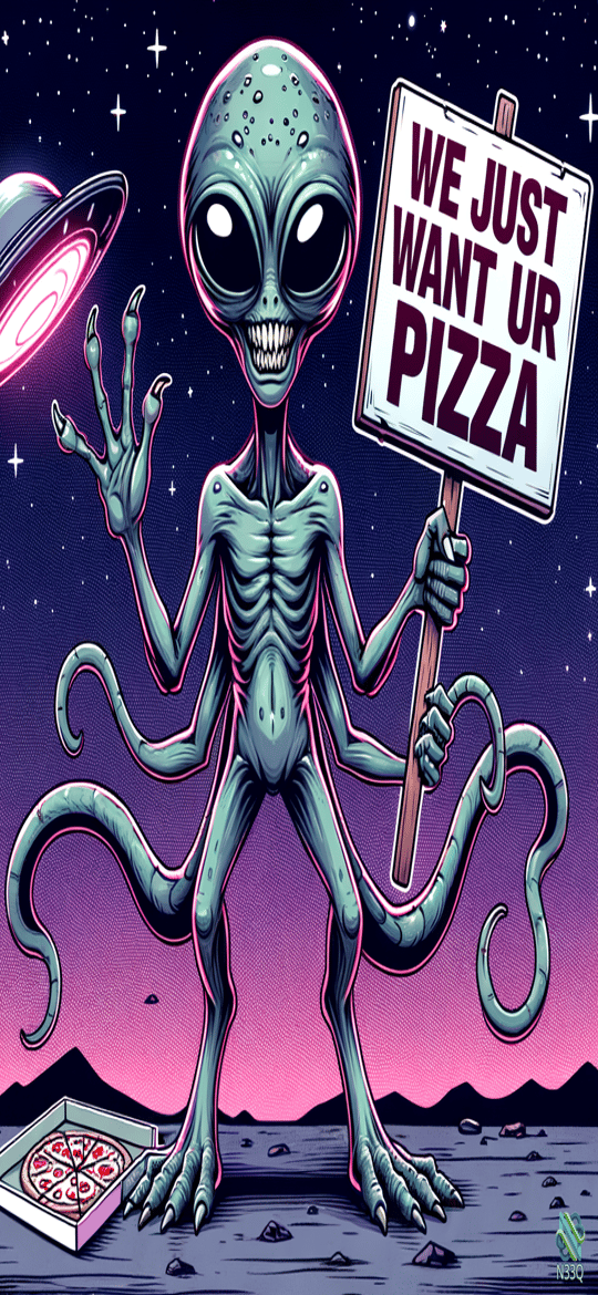 Tentacled Alien Holding Pizza Demand Sign