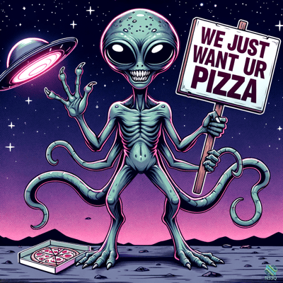 Tentacled Alien Holding Pizza Demand Sign
