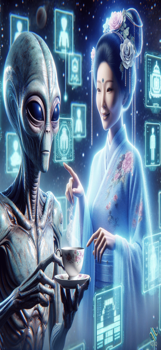 Alien Serving Tea to Woman in Kimono