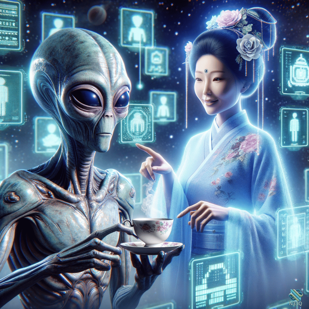 Alien Serving Tea to Woman in Kimono