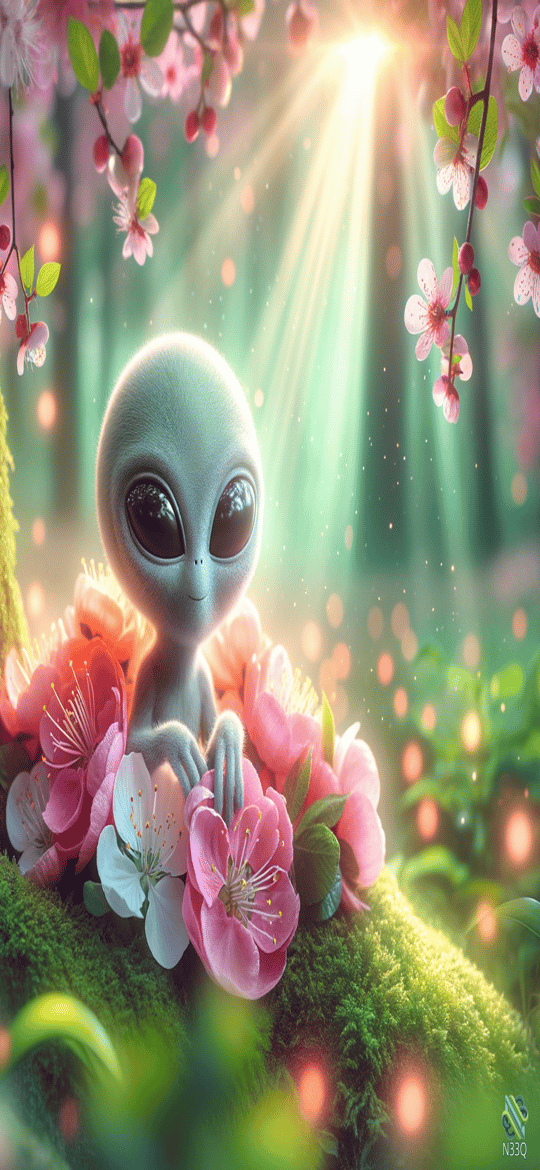 Gray Alien in Cherry Blossom Forest