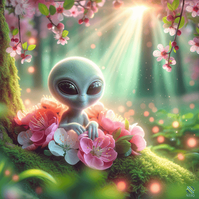 Gray Alien in Cherry Blossom Forest
