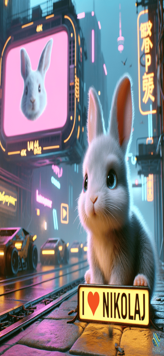 Cute White Rabbit in Neon Cyberpunk City