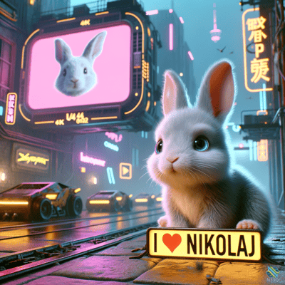 Cute White Rabbit in Neon Cyberpunk City