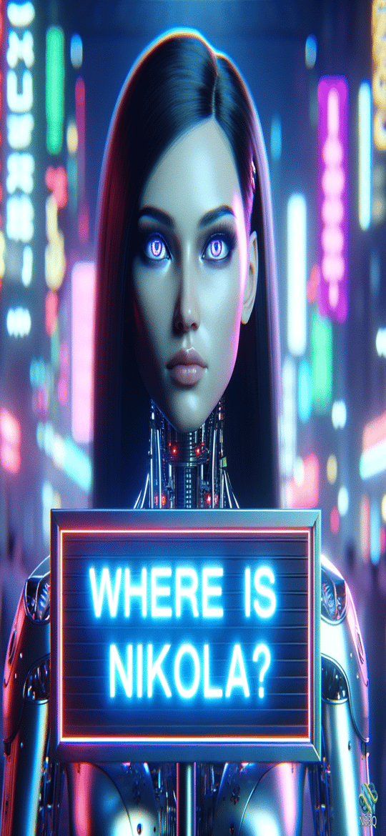 Cyborg Woman Holding Where Is Nikola Sign