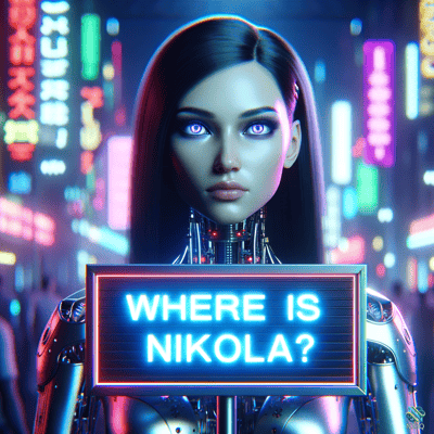 Cyborg Woman Holding Where Is Nikola Sign